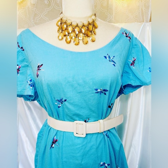VTG SZ L Sun dress, Dragonflies Turquoise Floral Embroidered Dress Spring Easter - Picture 4 of 5